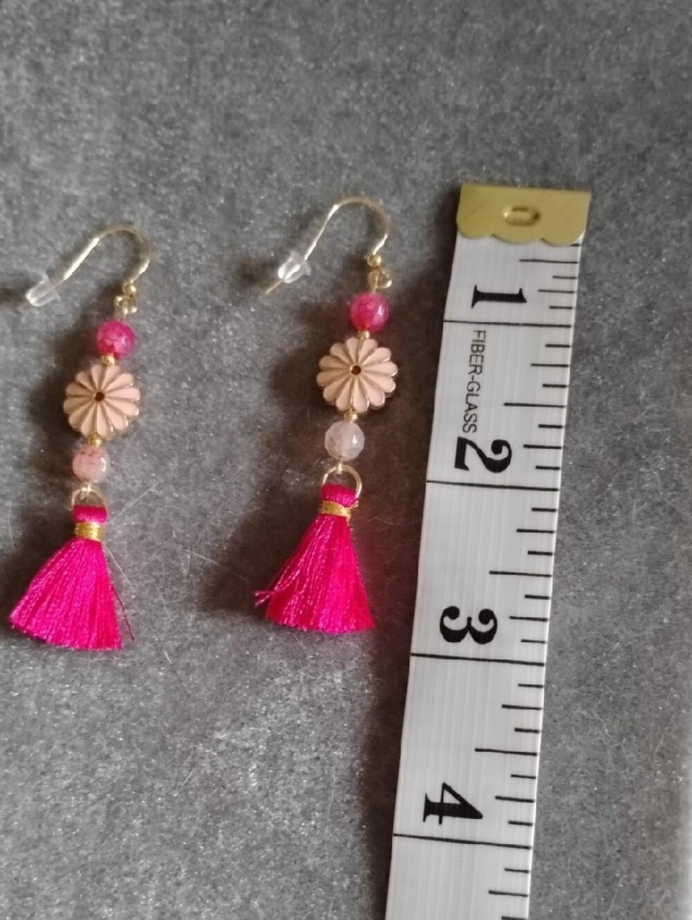 Hand Crafted Pink Tassel Floral Drop Earrings With Gold Accents - Picture 3 of 6